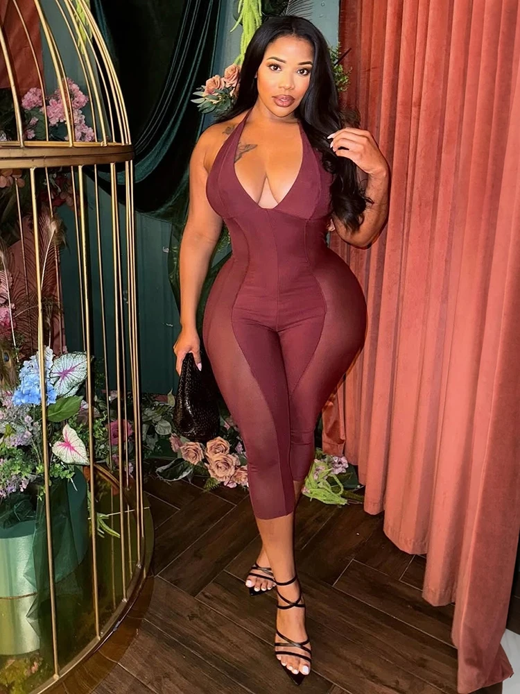 

Kliou Sexy Backless Playsuits Woman Lace-Up Halter Low-Neck Mesh Patchwork Skinny Peach Hip Midnight Club Party Fashion Rompers