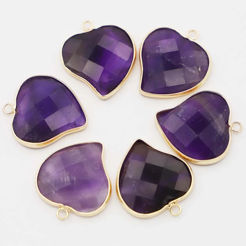 Natural Stone Section Cut Face Amethyst Heart Pendants Charms Gold Wrapping Necklaces Healing Crystal Quartz New Design 6PCS