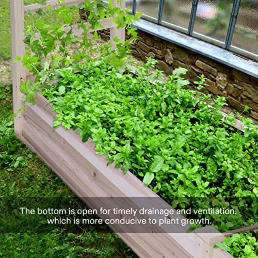 Wooden Raised Garden Bed 48 x 24 x 30 Inches Outdoor Wood Planter Box with Gloves and a Liner with Trellis for Vine Climbing fo