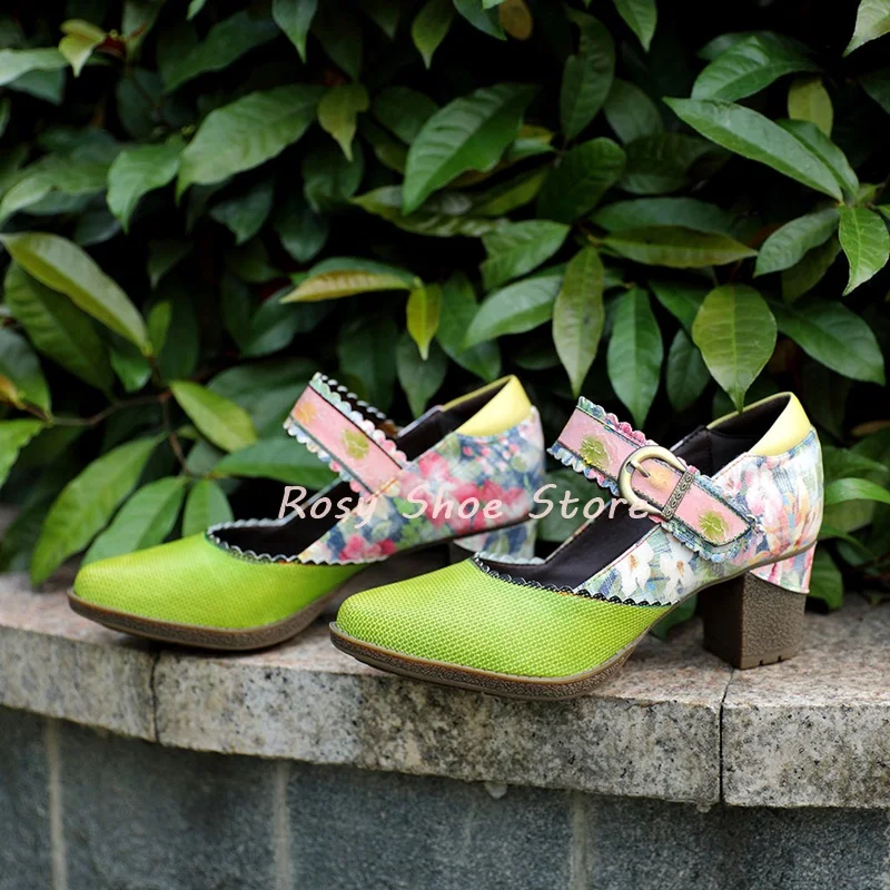 

Fresh Green Grid Pattern Patchwork Floral Print Niche Fashion Single Shoe Slip On Cute Round Toe Chunky Heel Pastoral Style Shoe
