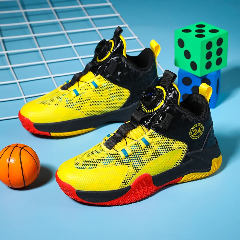 Chaussures de basket-ball jaunes pour enfants, maille respirante, chaussures de sport pour adolescents, vêtements coordonnants, baskets de