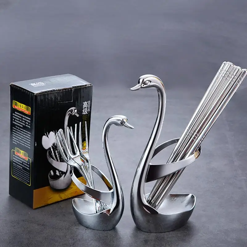 

Swan Creative Stainless Steel Western Dining Utensil Set Cute Storage Box Cage Frame Small Tool Chopsticks Fork Spoon Dishware