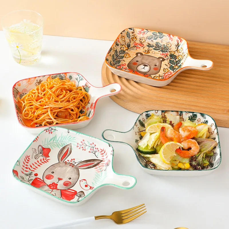 Handle Cartoon Ceramic Bowl, Two Ear Baking Tray, Noodle Bowl, Salad, Dessert, Appetizer, Family Breakfast Bowl,kitchen Utensils