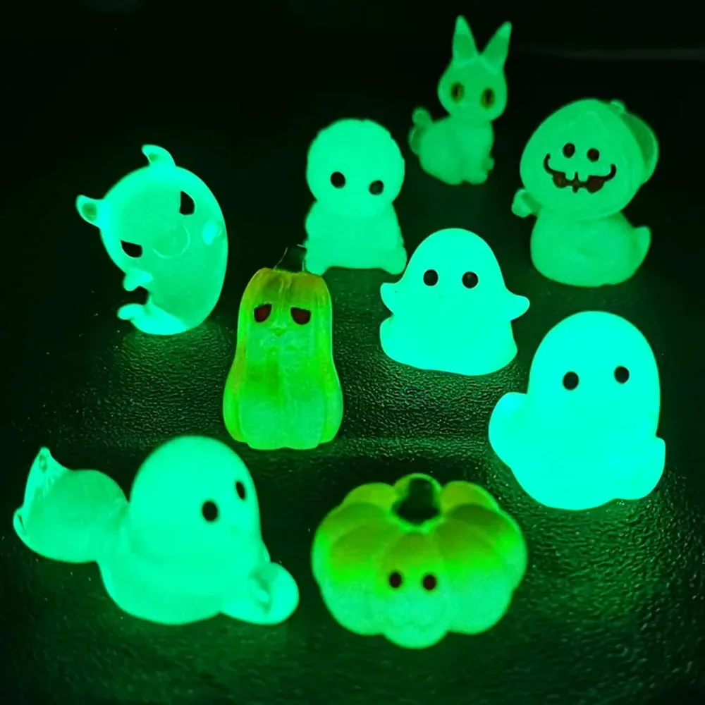 Luminous Halloween Mini Figurines Ghost Pumpkin Cat Owl Micro Landscape Ornament Glow in The Dark Resin Figures DIY Decor Party