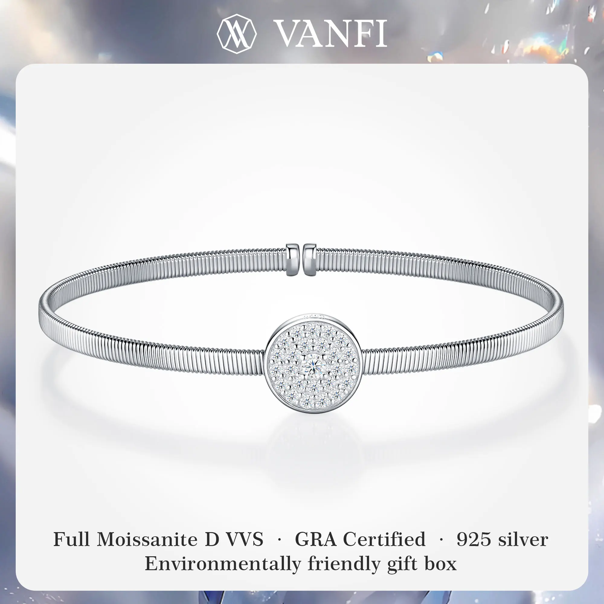 

Браслет-кафф KVFANFI с муассанитом, серебро 925 пробы, покрытие белым золотом, регулируемый, цвет D, VVS1, сертификат GRA, подарок для женщин, ювелирное украшение