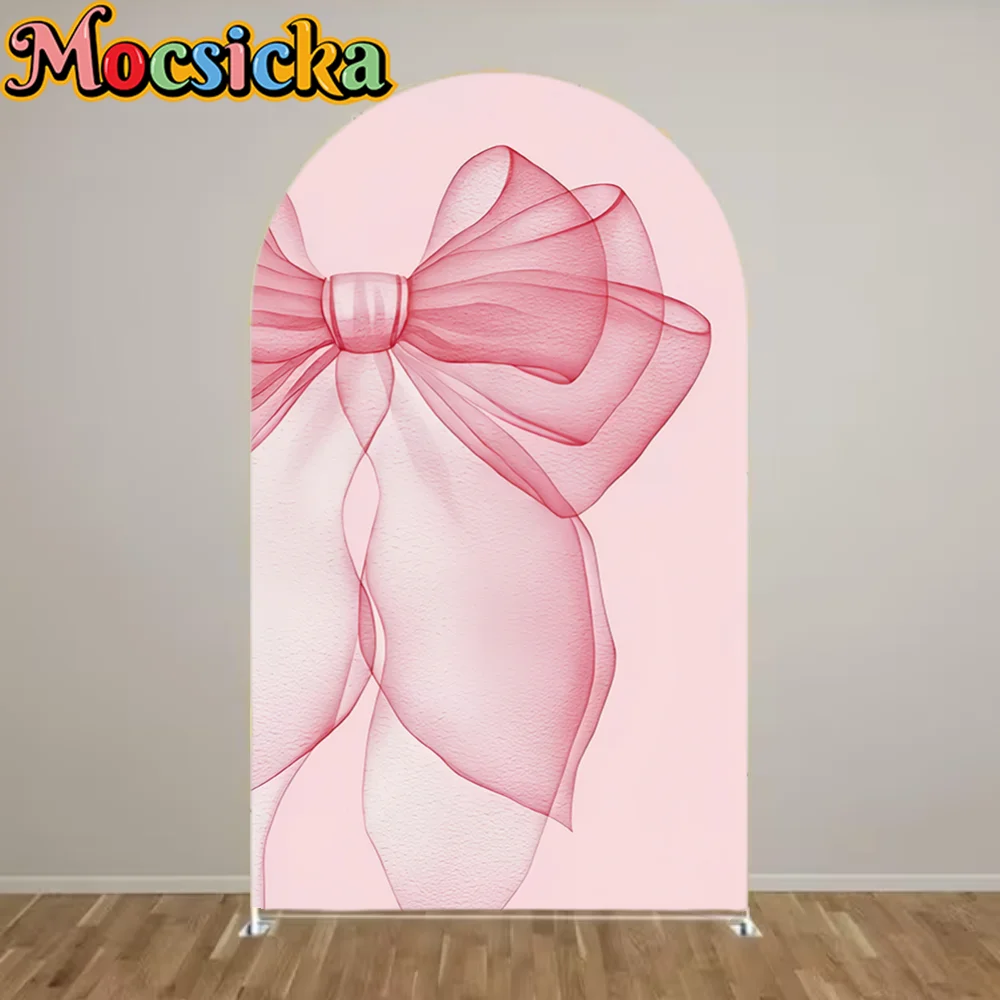Mocsicka Custom 2-Sided Pink Bow Floral Pattern Girls 1st Birthday Party Baby Shower Cover Chiara Arch Background Decor Backdrop