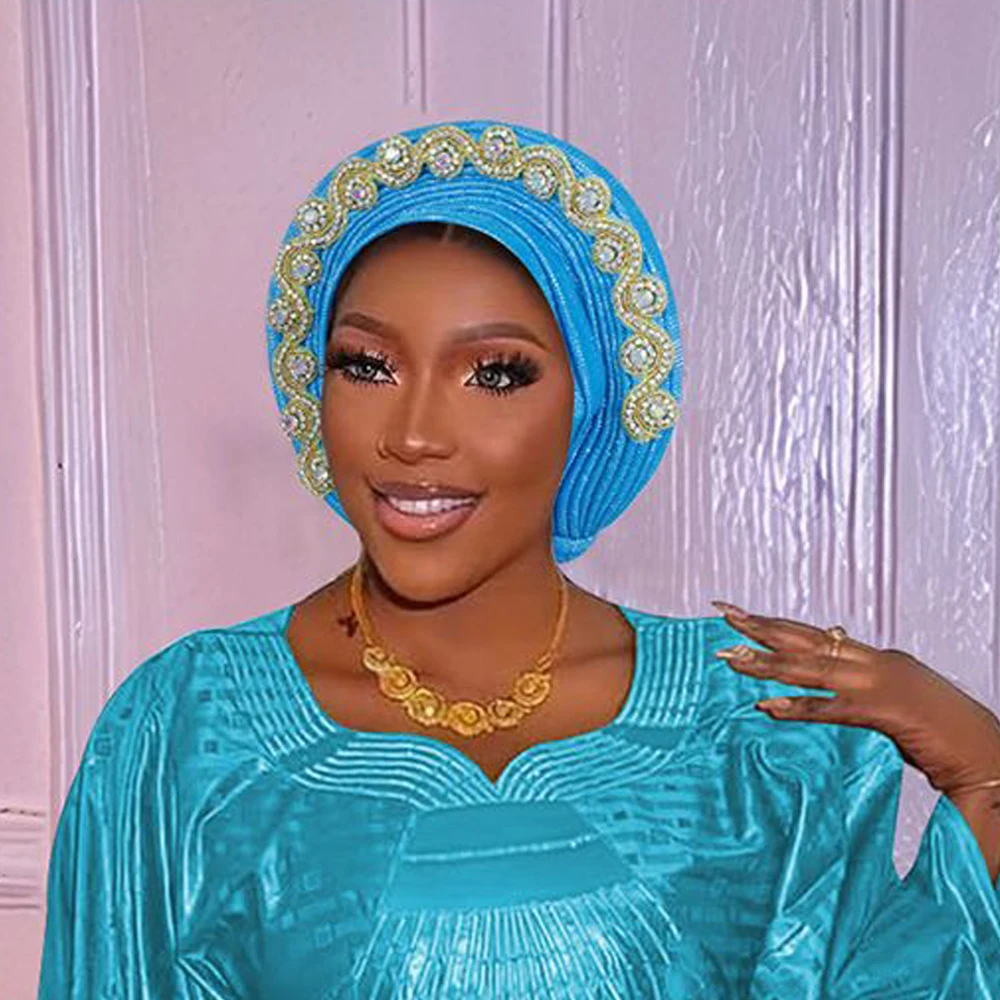 Topi Sorban Berlian Mewah untuk Wanita Nigeria Pernikahan Geles Topi Baja Pesta Turbante Mujer Afrika Auto Gele Headtie Head Wraps