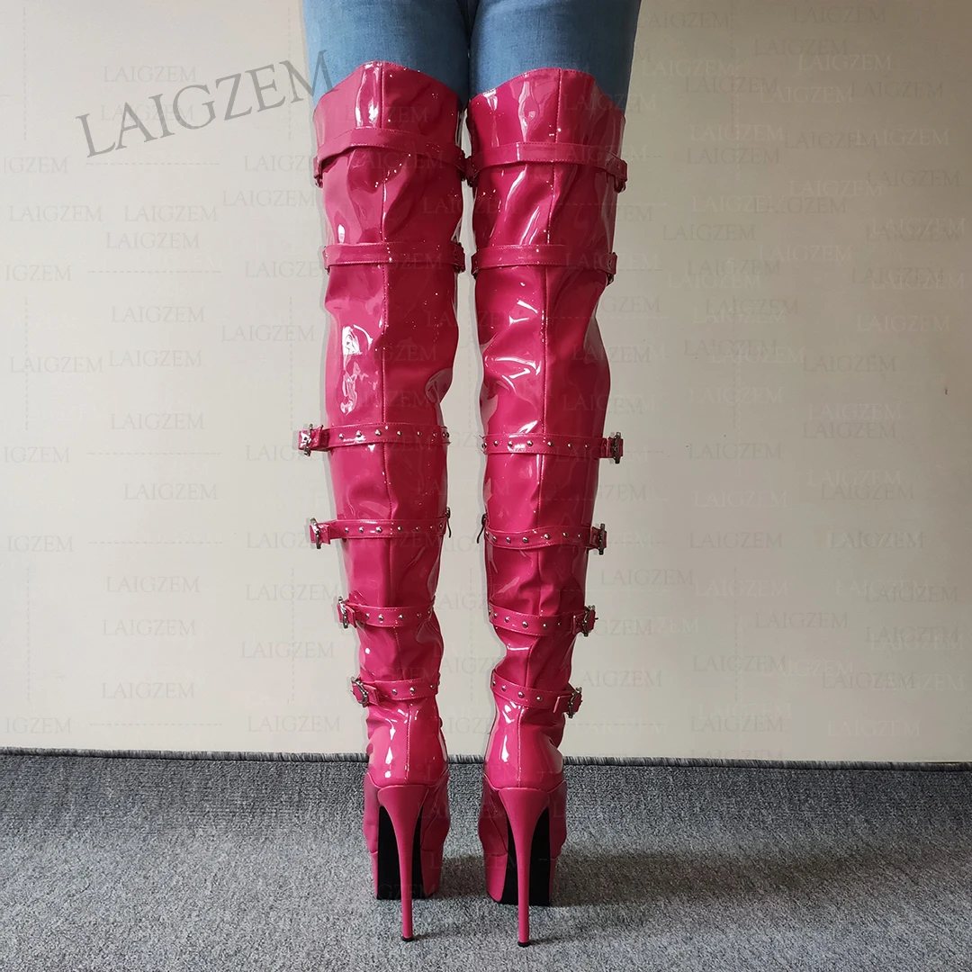 LAIGZEM Women Over Knee Platform Boots Side Zipper Thin High Heels Boots Studded Over Knee Ladies Shoes Woman Plus Size 42 45 52