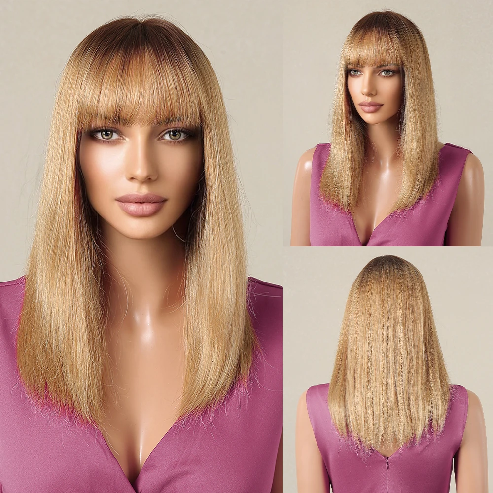 

Golden Brown Blonde Straight 100% Remy Human Hair Wig for Women Natural Short Wigs with Bangs 14inch Human Hairs Heat Resistant