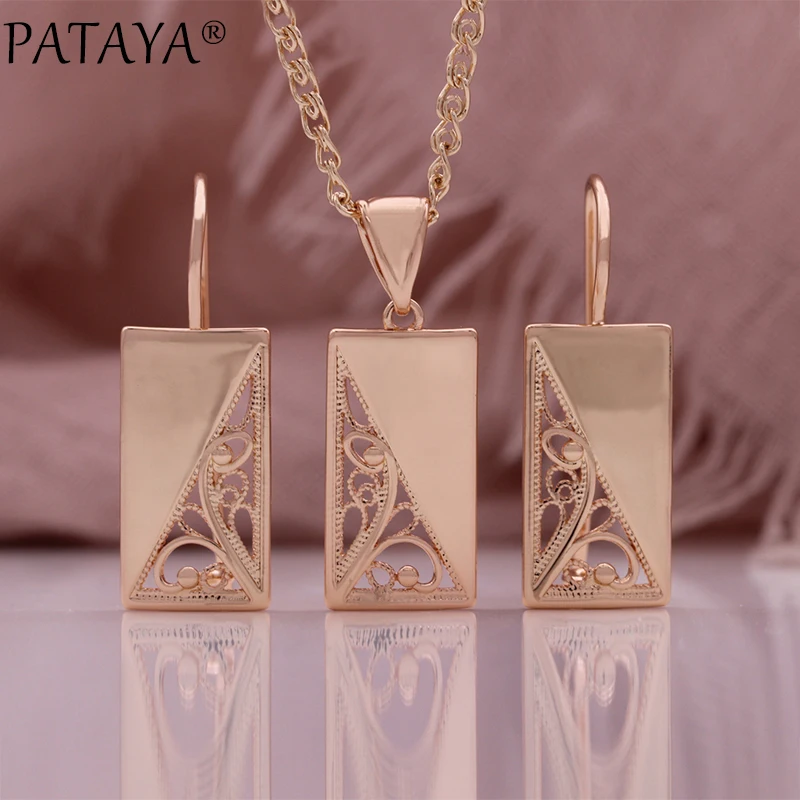 

PATAYA New Glossy Hollow Long Earrings Pendant Necklace 585 Rose Gold Color Fashion Women Jewelry Creative Metal Daily Drop Set