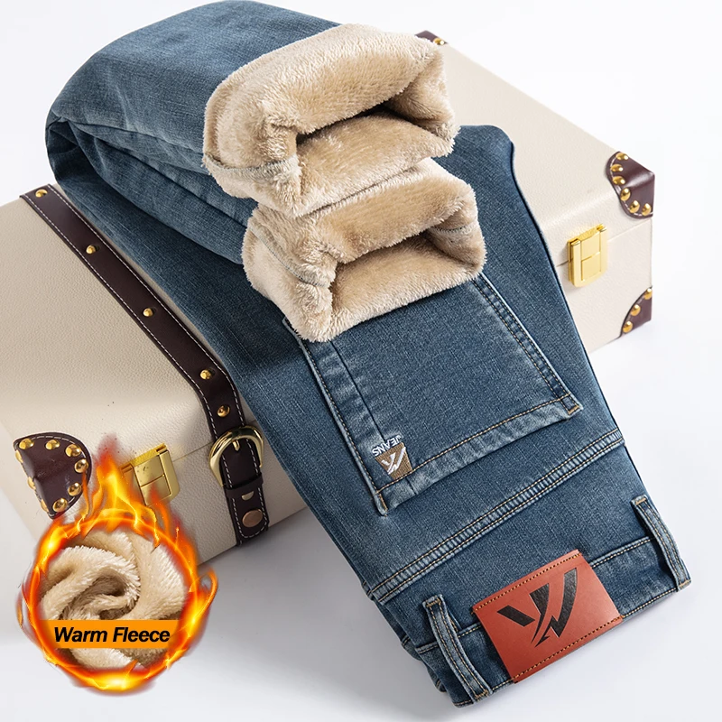 Velo quente inverno calças de brim masculinas alta qualidade conforto elástico em linha reta pelúcia veludo engrossado calças jeans moda coreana