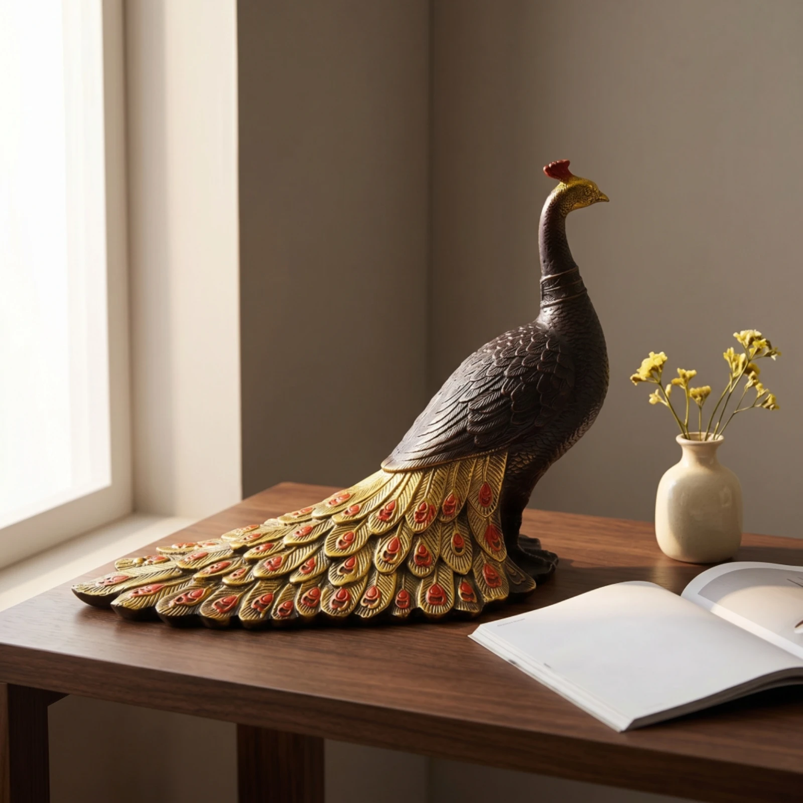 Peacock Figurine Carved Peacock Statue Bird Figurine Decorative Ornament Elegant for Homeowners, Mantel, Shelf