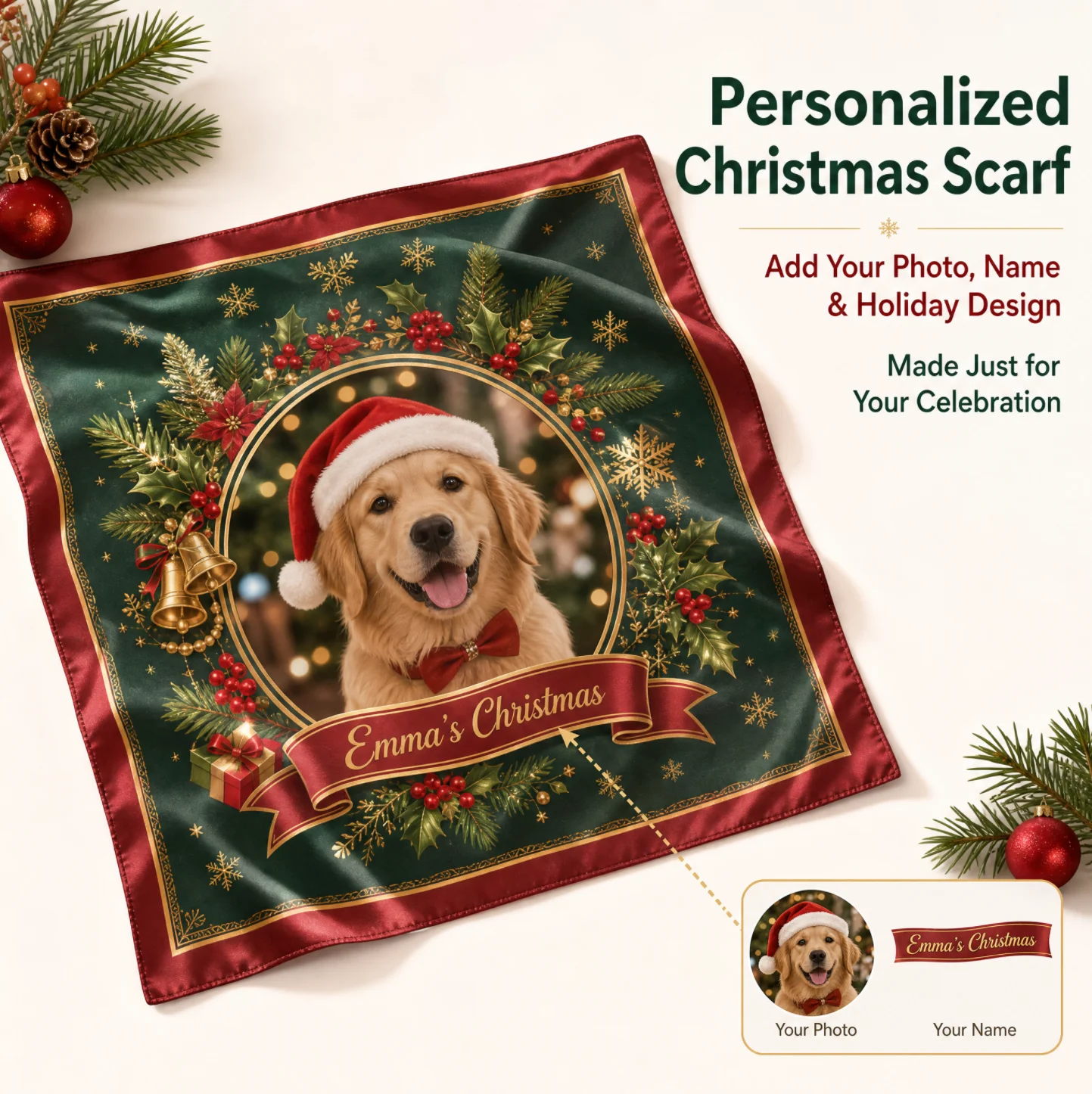Custom Christmas Silk Scarf Personalized Holiday Scarf with Christmas Pattern Logo Gift for Women Family Friends