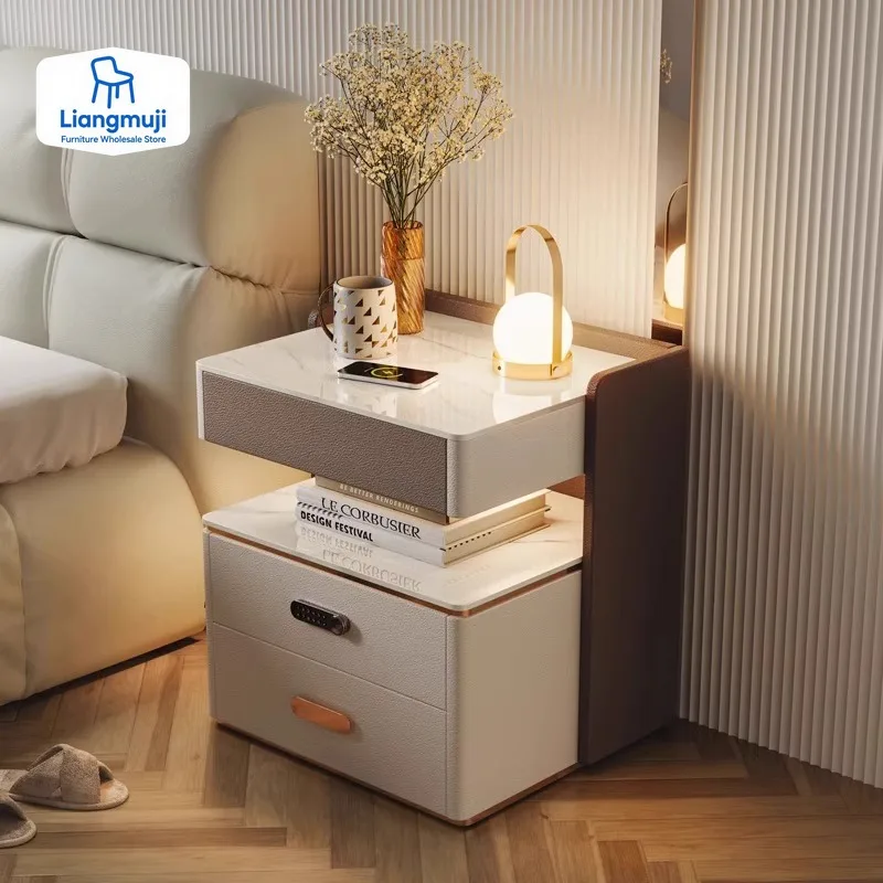Smart Home Bedside Table, Wireless Charging Password Lock, Three-layer Bedroom Storage, Solid Wood Storage, Bedside Cabinet