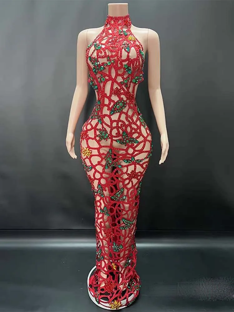 Wysokiej jakości kolor Rhinestone seksowna wisząca sukienka z wycięciem pod szyją 2025 nowych moda niestandardowa odzież damska