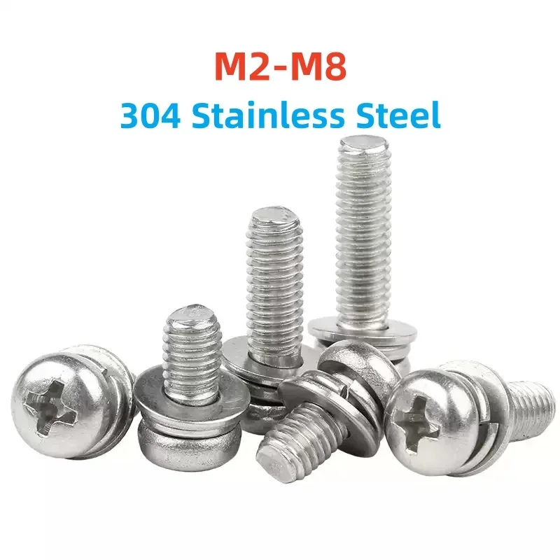 M2 M2.5 M3 M4 M5 M6 M8 304 Stainless Steel Cross Round Phillips Pan Head Screw Flat Washer Spring Gasket Three Combination Screw