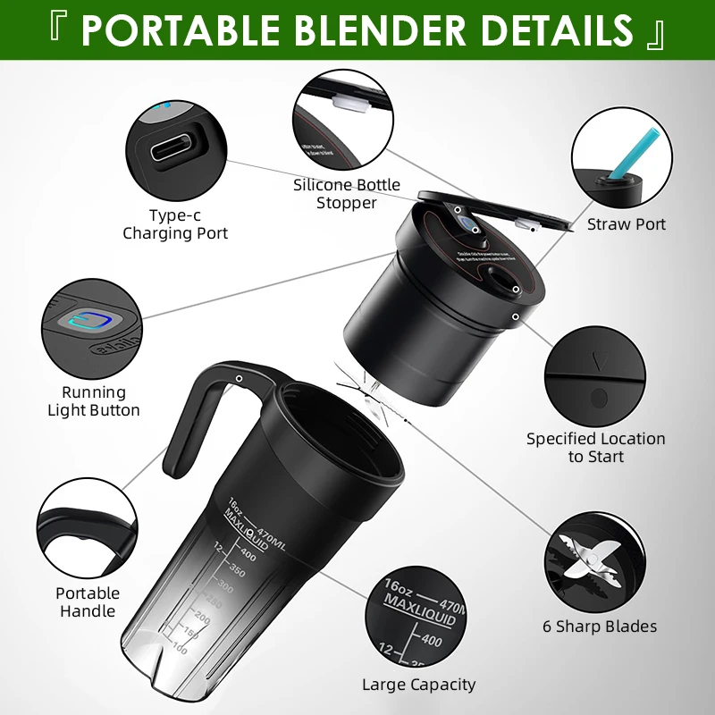 Electric Portable Blender USB Rechargeable Portable Juicer Blades for Shakes Smoothies 470ML Multifunctional Fresh juice Machine