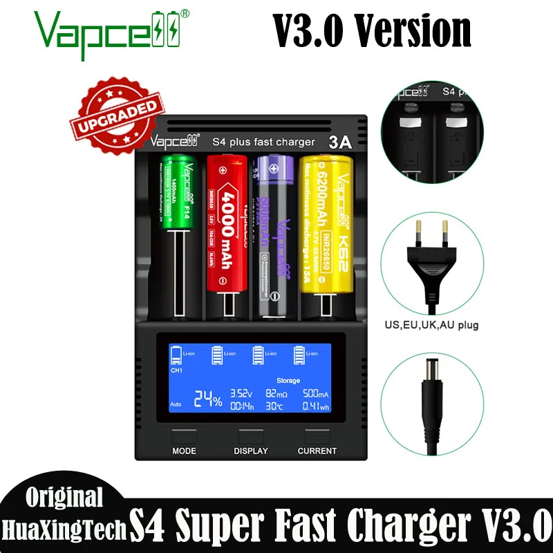 Original Vapcell S4 Plus V3.0 Fast Charger 3A 4 Slot Intelligent Charger With New Storage Mode Power Adapter Updated V2.0