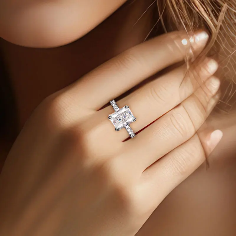 DEZO All Moissanite Engagement Rings For Women  Solid 925 Sterling Silver Radiant Cut 4 Carat VVS1 D Color GRA Certificate
