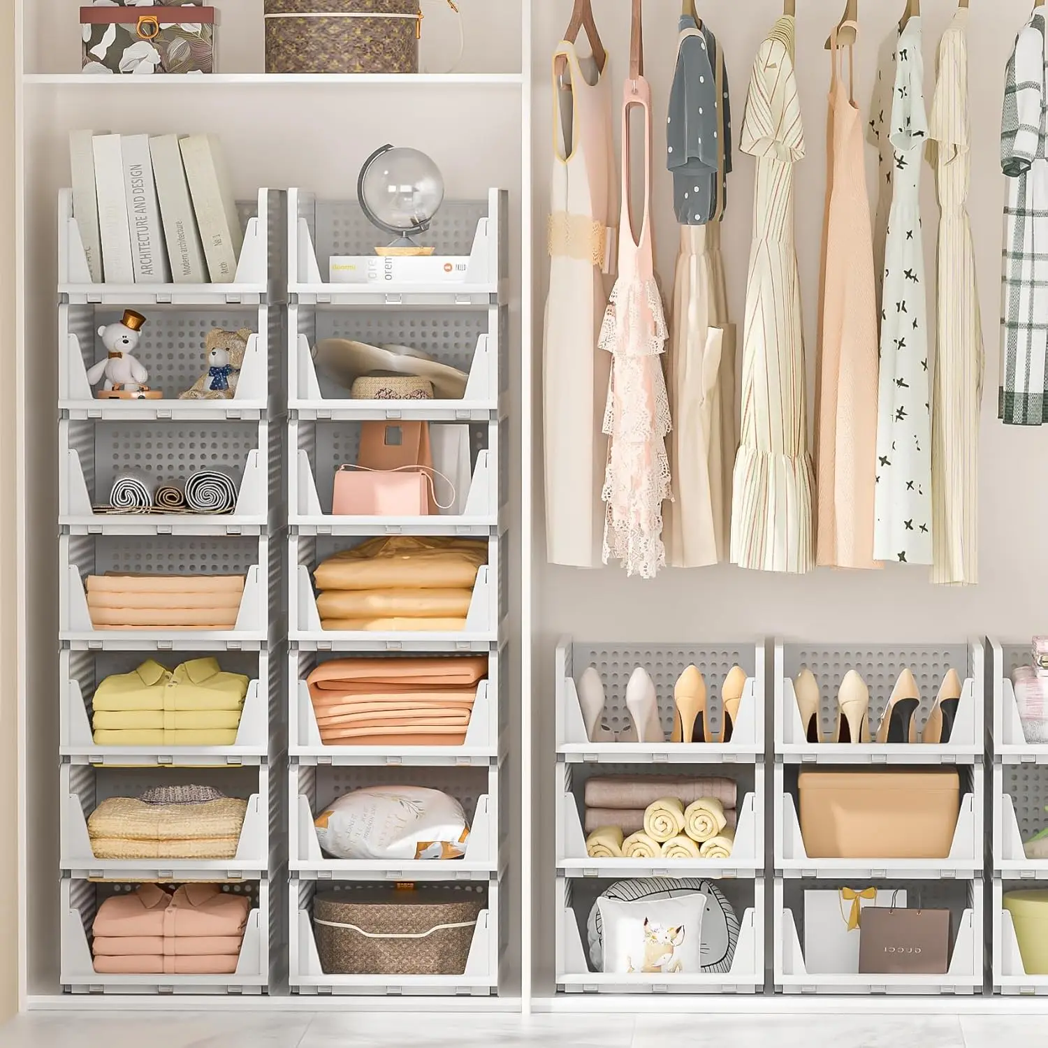 5 عبوات من صناديق بلاستيكية قابلة للتكديس، منظمات خزانة قابلة للطي لتخزين الملابس (5 لتر، أبيض)