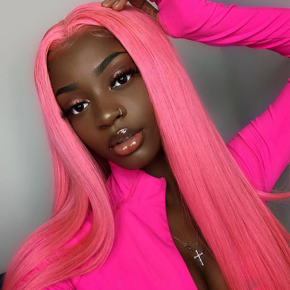 

Pink Lace Front Wigs Human Hair Straight Lace Frontal Wig For Women 13x4 Transparent Pre Plucked Colored Pink Wig