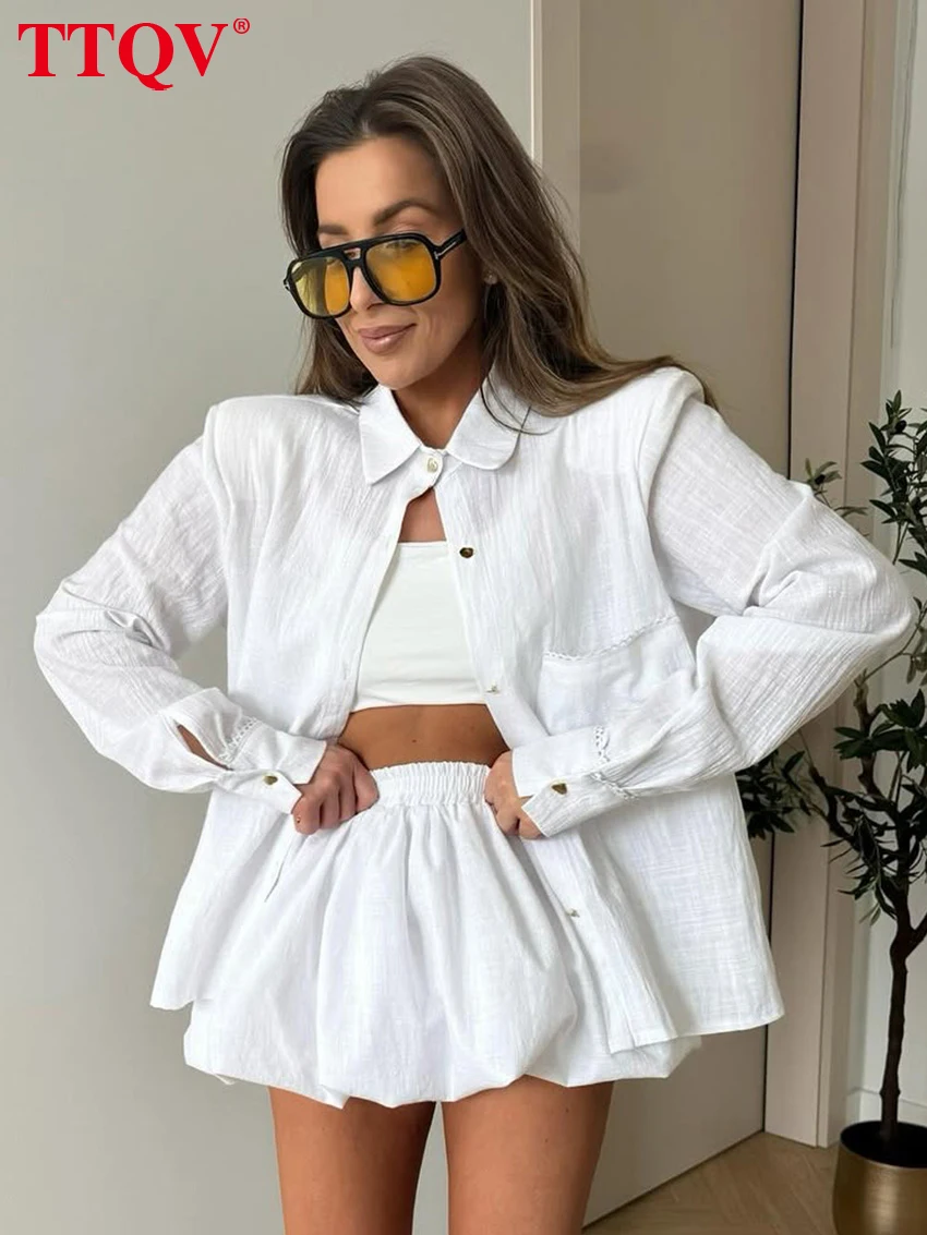 TTQV Fashion Loose White Two Piece Set Women 2026 Elegant Long Sleeve Shirt With High Waist Mini Skirt Set Female Clothing