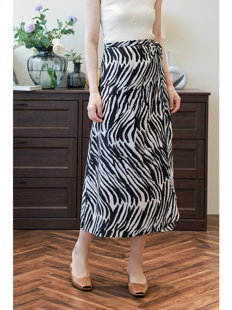 

Шелковая юбка-карандаш с принтом зебры, с завышенной талией, А-силуэт, длиной до колена, цельная, повседневная, для женщин, лето 2025