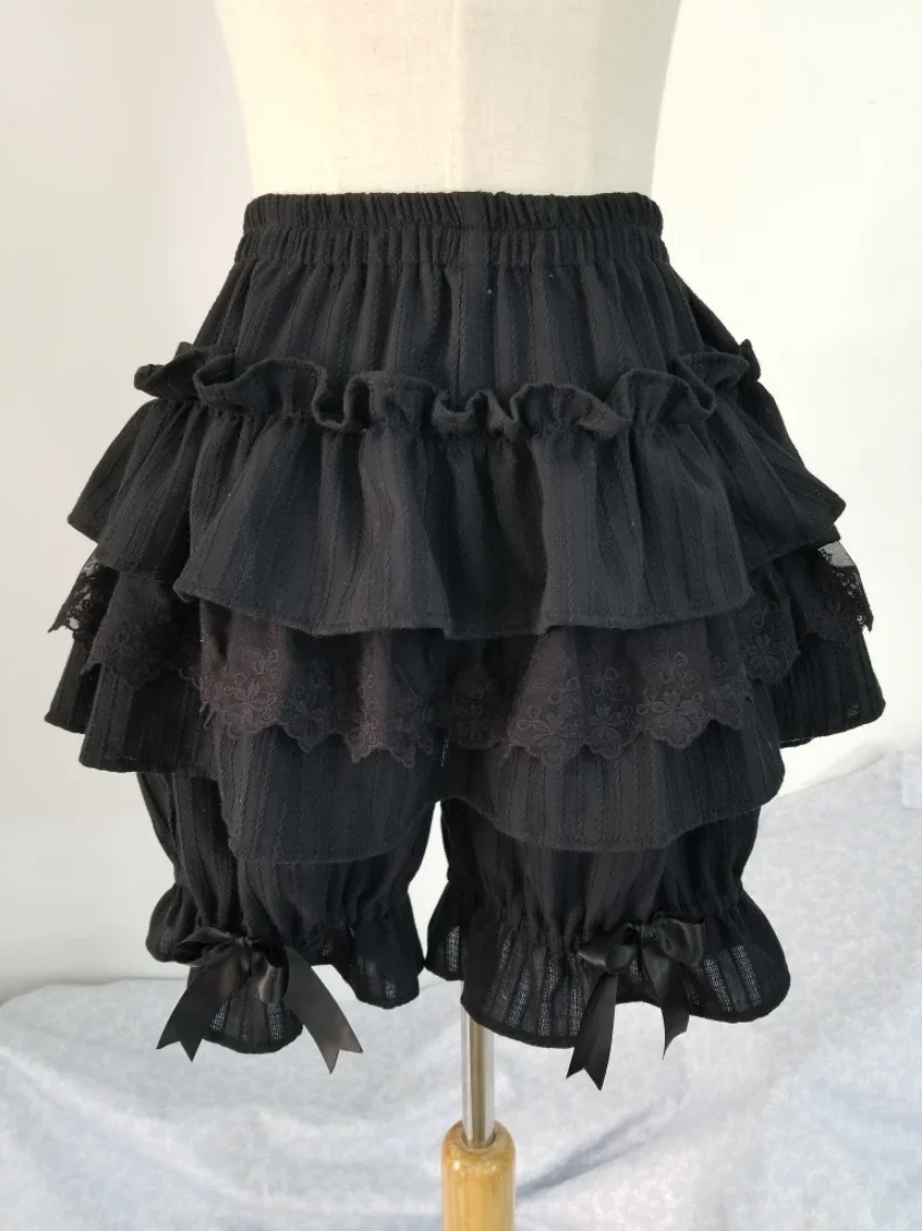 Classic Lolita Shorts Ruffle Lace Bow Black Cotton Lolita Bottom