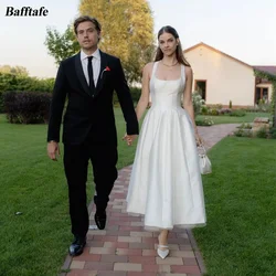 Bafftafe Simple Satin Tulle Midi Wedding Dresses Square Neck Bride Wedding Gowns Ankle Length Formal Prom Party Dress Customized