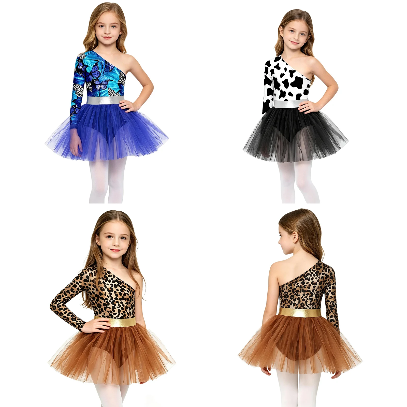Kids Girls Caveman Costume One Shoulder Long Sleeve Metallic Waist Printed Bodice Tulle Dress for Halloween Dance Party Costume