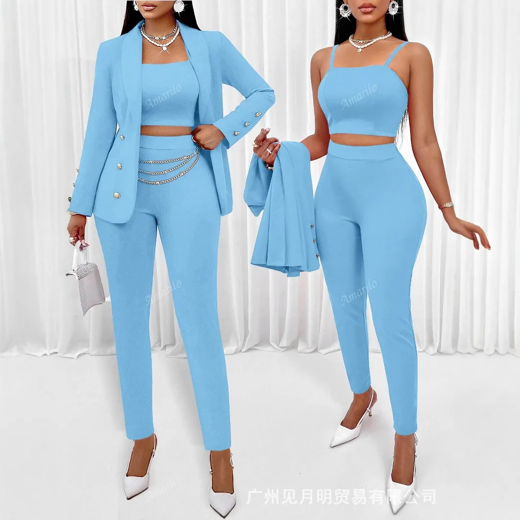 Cross Border Hot Sale Spring Summer Ruffle Blazer Suit Matching Set 3 Piece Outfit Blazer Sets