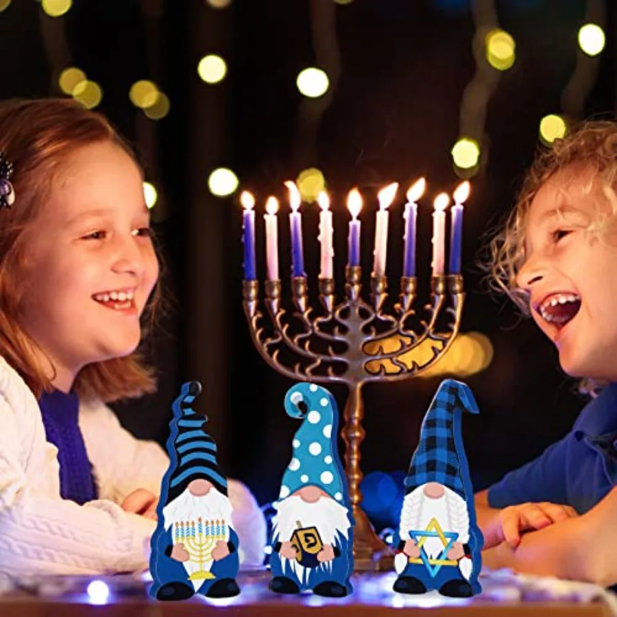 3 قطع هانوكا التماثيل كتل خشبية هانوكا الجدول زينة الشانوكا الجدول المركزية التماثيل الخشبية علامات لرف المكتب