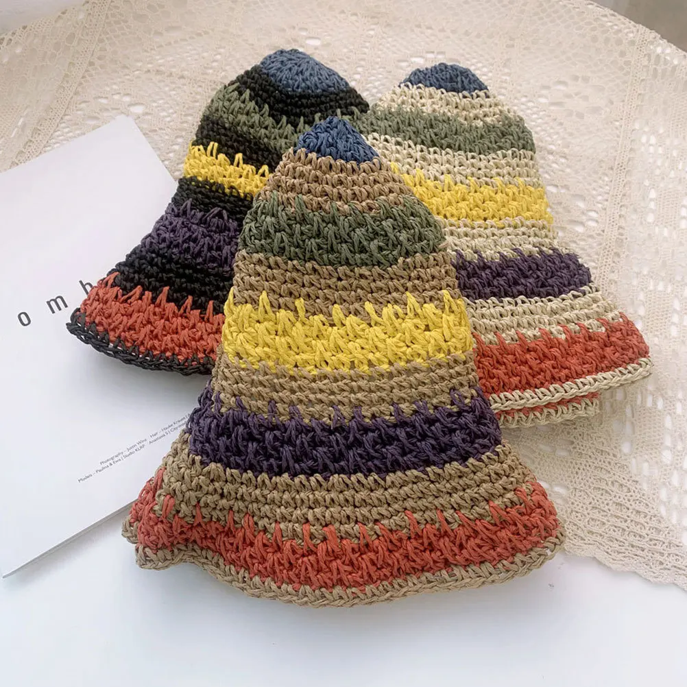 

Straw Sun Hat Colorful Stripes Foldable Beach Travel Fishing Vacation Cap For Women Uv Protection Outdoor Hat