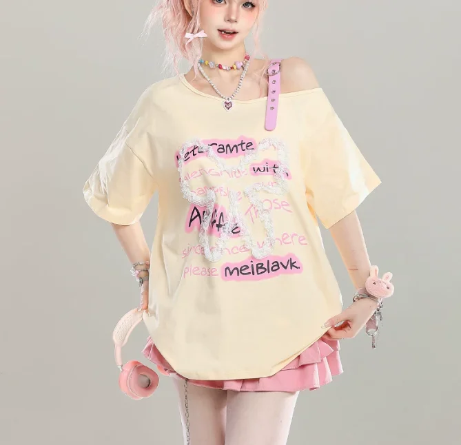 Cute Bow Sexy Off-the-shoulder Short Sleeve T-shirt Women Summer Age Reduction Sweet Cool Loose Versatile Fashion Printed Tops