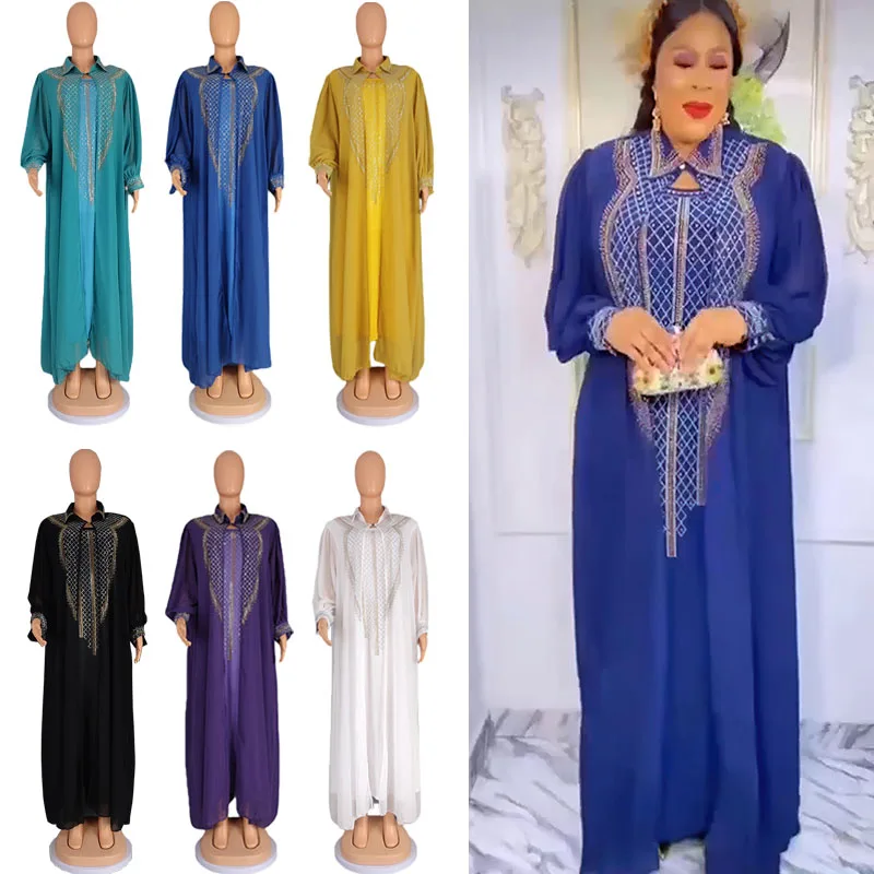 2 Piece Set African Dresses for Women Ankara Dashiki Evening Dress Diamonds Party Gown Dubai Abaya Kaftan Chiffon Wedding Outfit