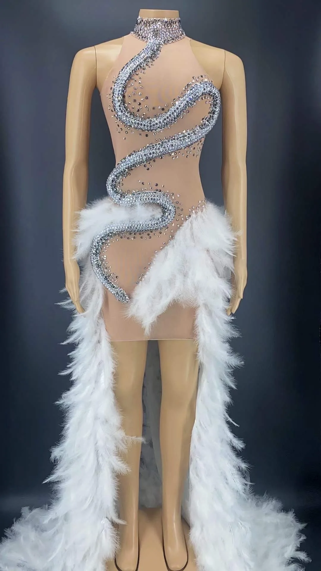 Vestido largo de terciopelo de cisne con plumas para mujer, traje de fiesta de noche con diamantes de imitación brillantes en blanco y negro, traje de Drag Queen