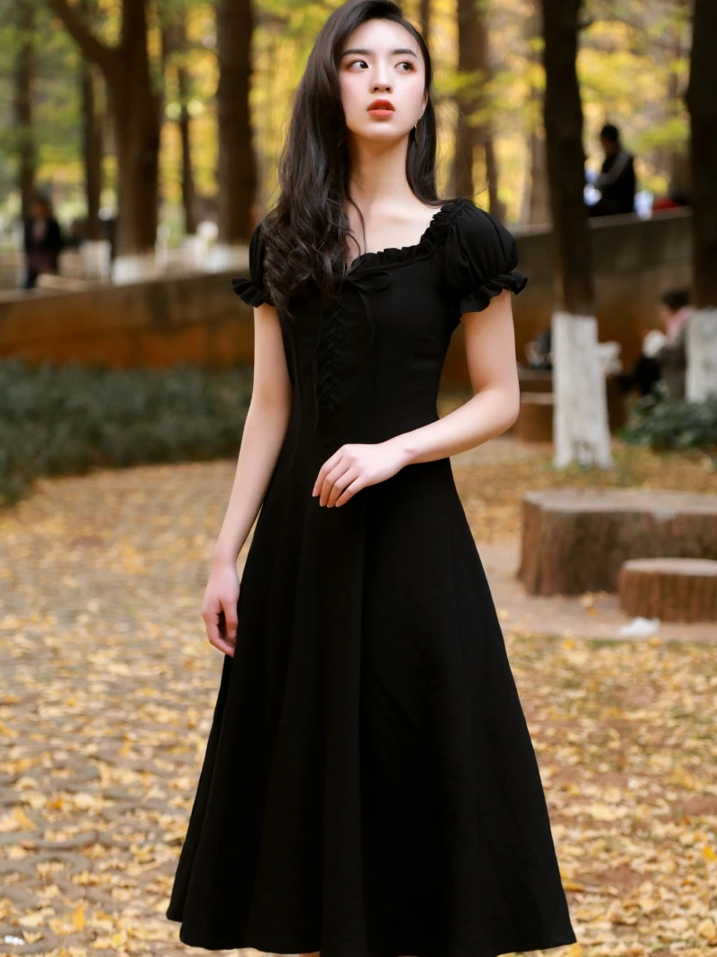 

Spring Summer Black Dandelion Short Sleeve Long Dress Slimming Vintage First Love Dress High Waist A-Line Skirt Commute