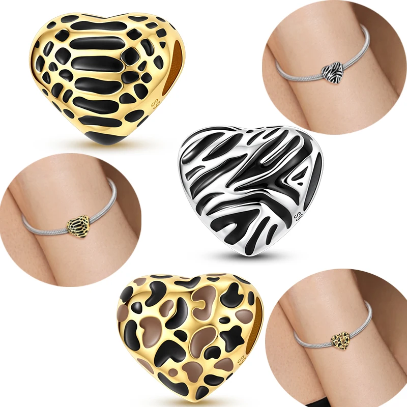 Original 925 Sterling Silver Snake Pattern Leopard Print Zebra Stripe Heart Bead Fit Original Bracelet For Women DIY Accessories