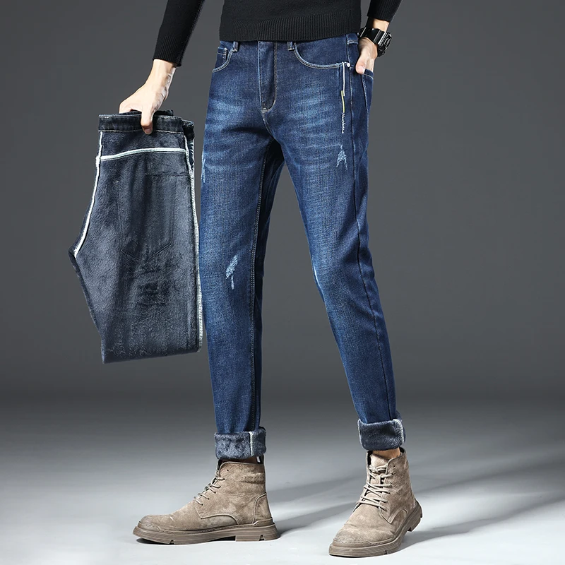 

Winter new men's plus velvet thickened jeans trendy slim-fit pants Korean version of the Moustache Effect stretch pants