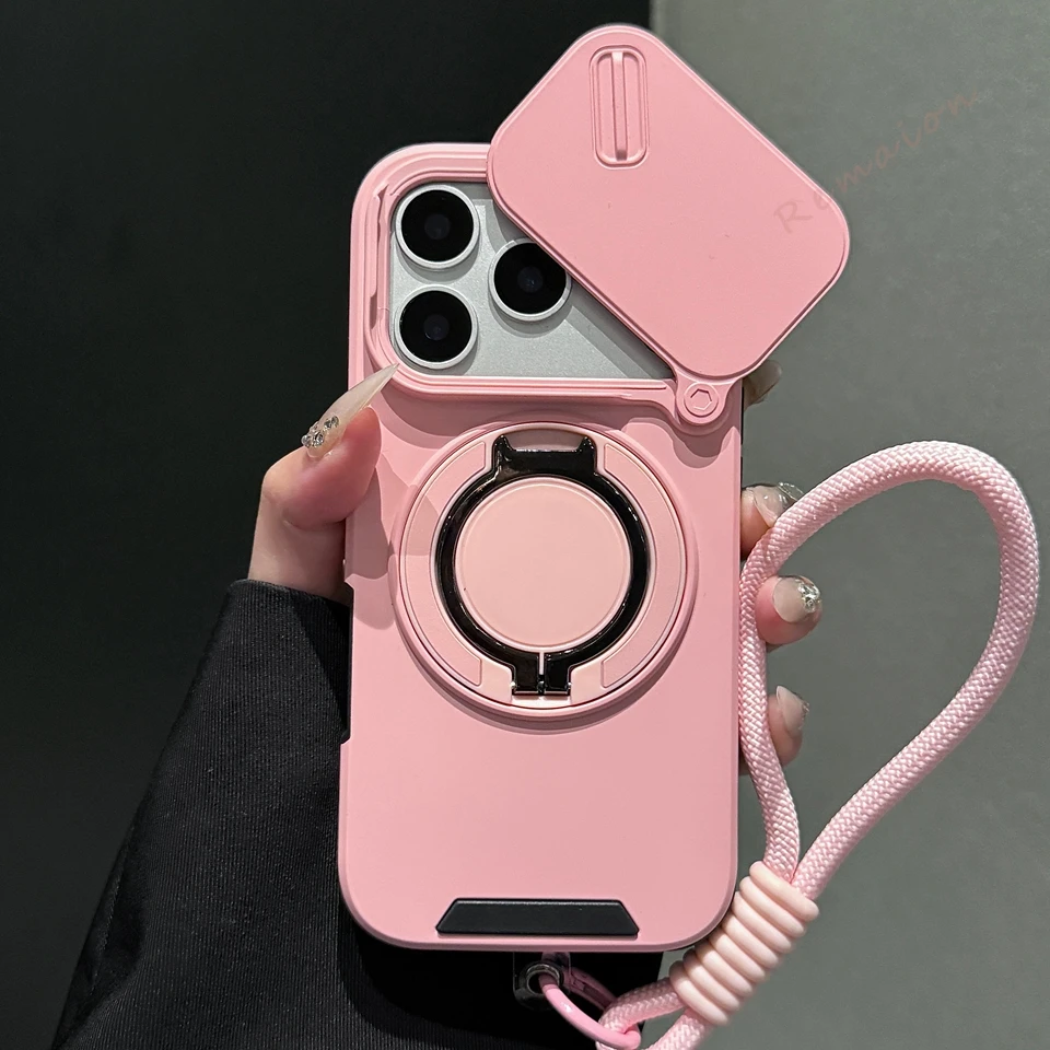 

Wrist Strap Stand Magnetic Case for iPhone 17E 15 12 11 13 14 16 E 17 Air Pro Max 16 Plus Magsafe Bracket Armor Protection Cover