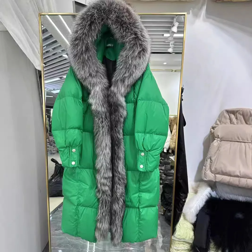 Winterjas voor dames met capuchon, vossenbontkraag en donsvulling