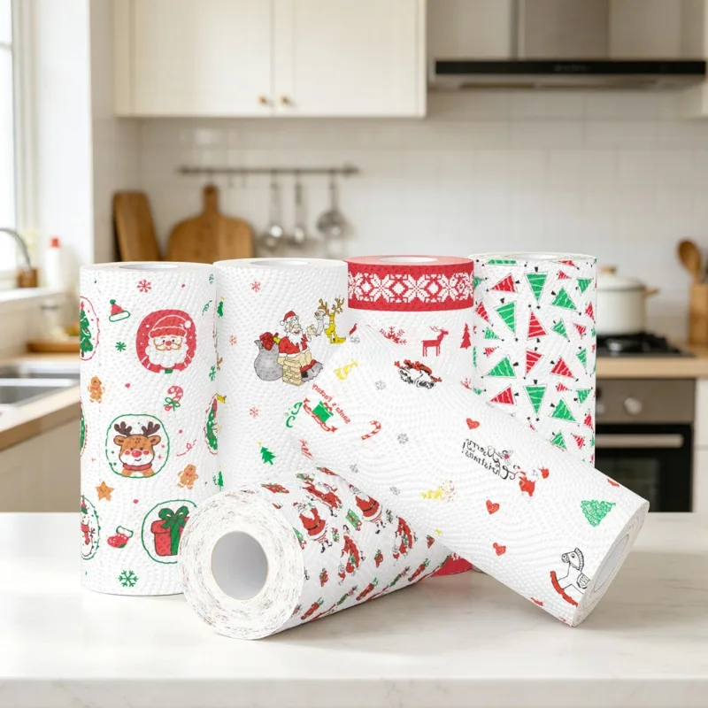 4pcs Christmas Printed Kitchen Paper Roll Oil Absorbent Kitchen Tissue Cooking Oil Absorbing Paper