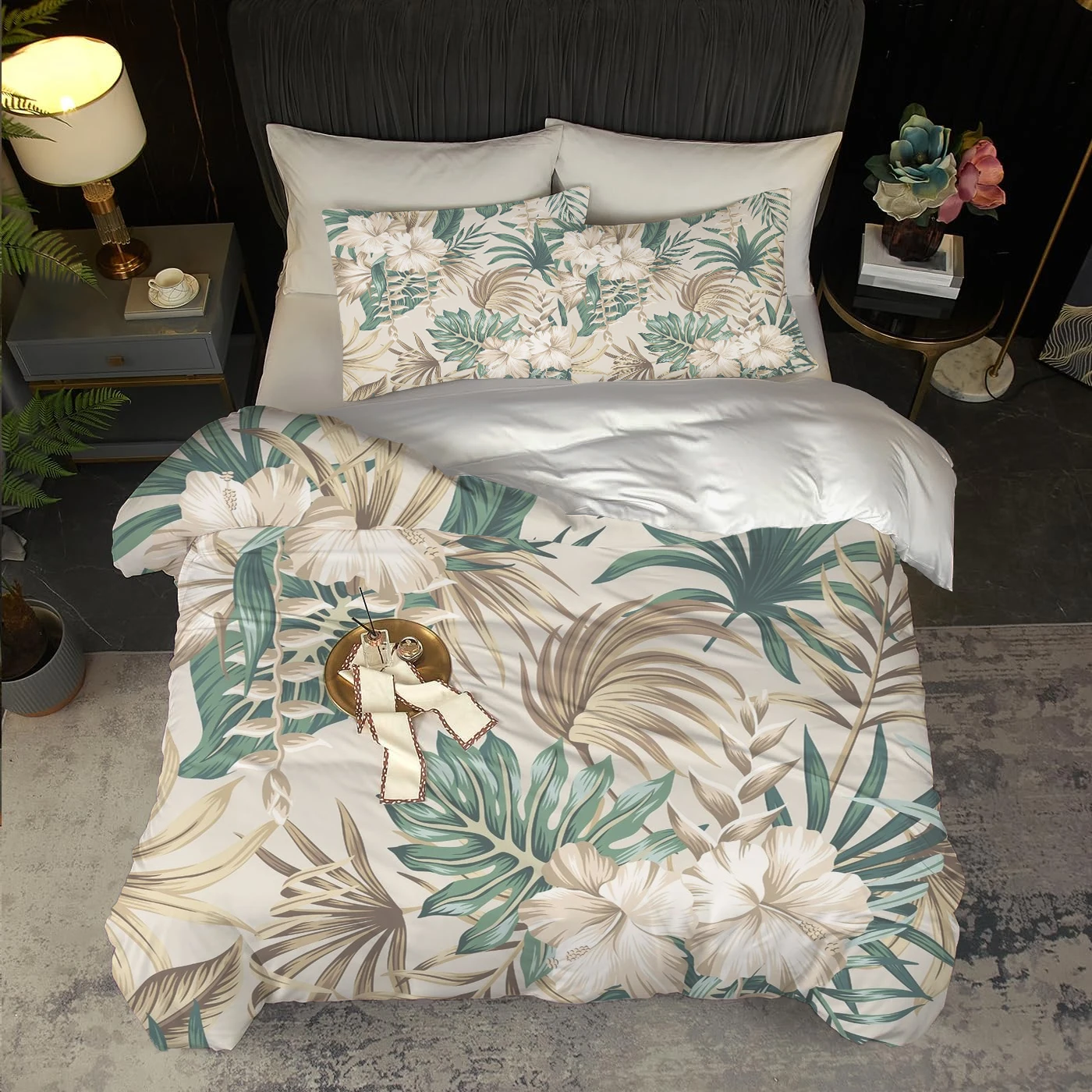 

Flower and leaf pattern 3D printing down duvet cover set, plant style duvet cover set, soft and comfortable bedding set
