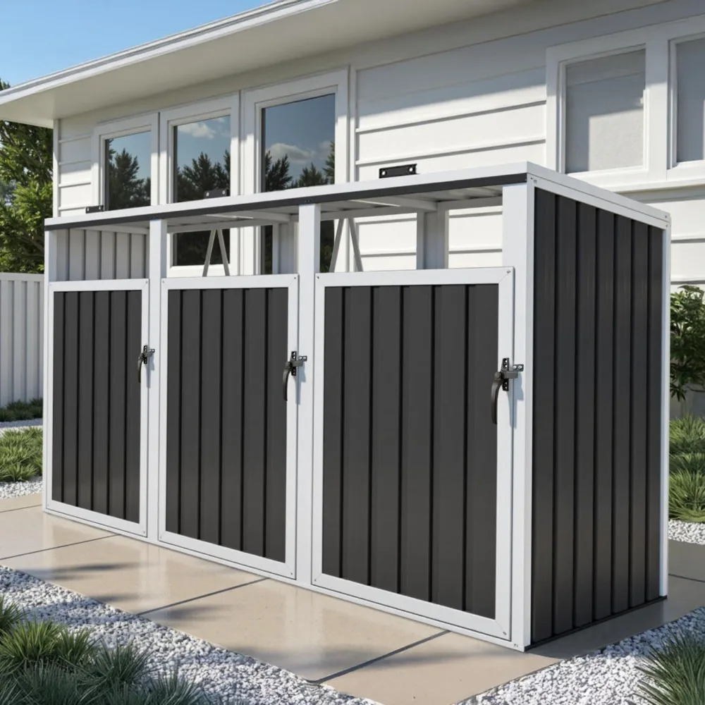 

Outdoor Trash Can Storage Shed, 3 Galvanized Steel Large Trash Cans, with Lockable Door & Auto-Buffer Storage Cover,Garden Shed