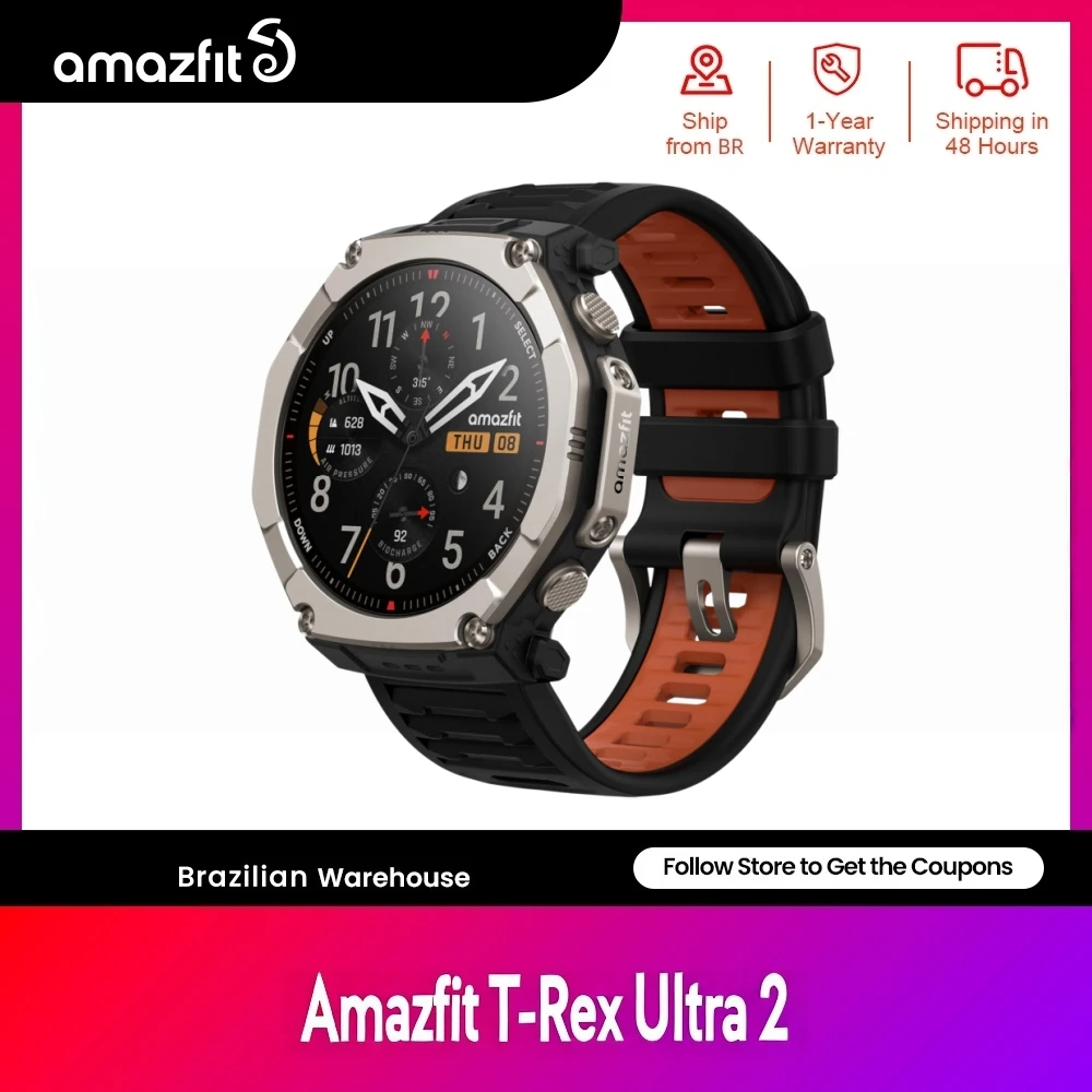 Amazfit T-Rex Ultra 2 Smartwatch para atividades ao ar livre, Corpo em titânio de 51 mm, Tela AMOLED de safira de 1,5'', GPS de banda dupla, Lanterna,