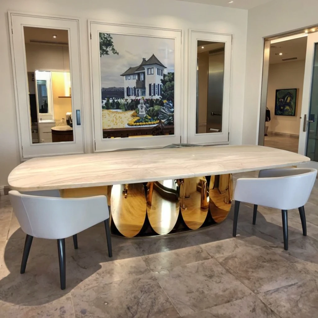

#Modern Luxury Hotel-Style Oval Dining Table Stainless Steel Frame Marble Top Adjustable Design 10+ Seater Home