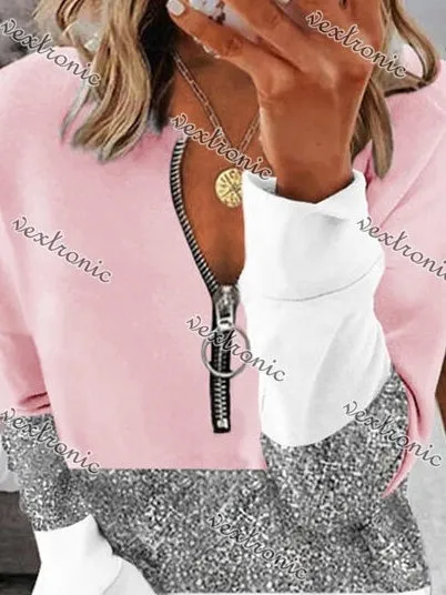 Nyfairy Plus Size Women's V Neck Long Sleeve Sweet Pink Colorblock Graphic Print Zipper Top