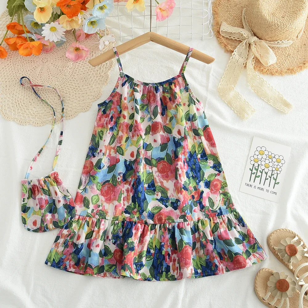 Summer New Fashion Clothing 3-7 Years Girls Flower Print Sling Dress + Bag 2 Pcs Set Kids Casual Cute Wear