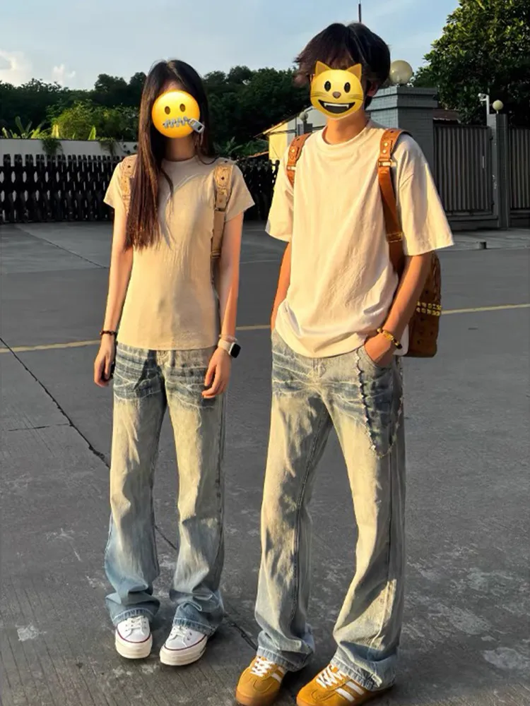 

Light Blue Lightning Pattern Cowboy Jeans Men's American High Street Style Straight Leg Micro Flare Pants Casual Wear