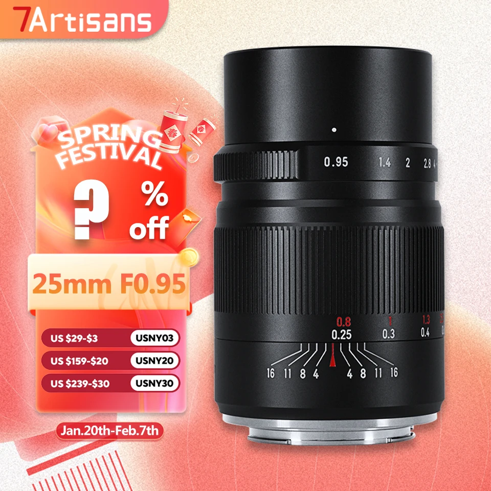 7artisans APS-C 25mm F0.95 Large Aperture Camera Lens with Sony E ZVE10 Nikon Z Fujifilm XF Canon EOS-M RF Leica L M43 Mount